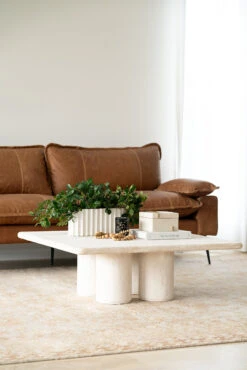 Geo Travertine Square Coffee Table – 100cm -Abide Interiors Geo Coffee Marly Sofa Cognac Styled 2