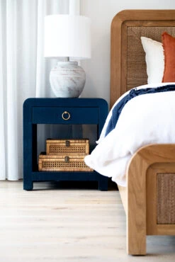 Newhaven Bedside Table – Navy By Serrata Living -Abide Interiors Newhaven Bedside Navy Styled 1
