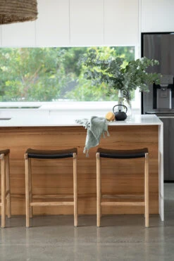 Pasadena Leather Saddle Stool – Black – Flat -Abide Interiors Pasadena Saddle Stool Flat Black Styled 1