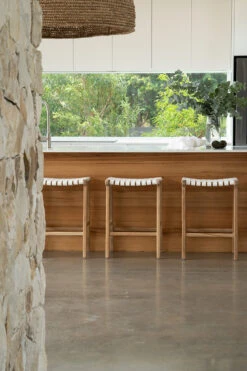 Pasadena Leather Saddle Stool – White – Woven -Abide Interiors Pasadena Saddle Stool Woven White Styled 1