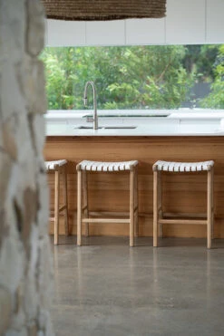 Pasadena Leather Saddle Stool – White – Woven -Abide Interiors Pasadena Saddle Stool Woven White Styled 3